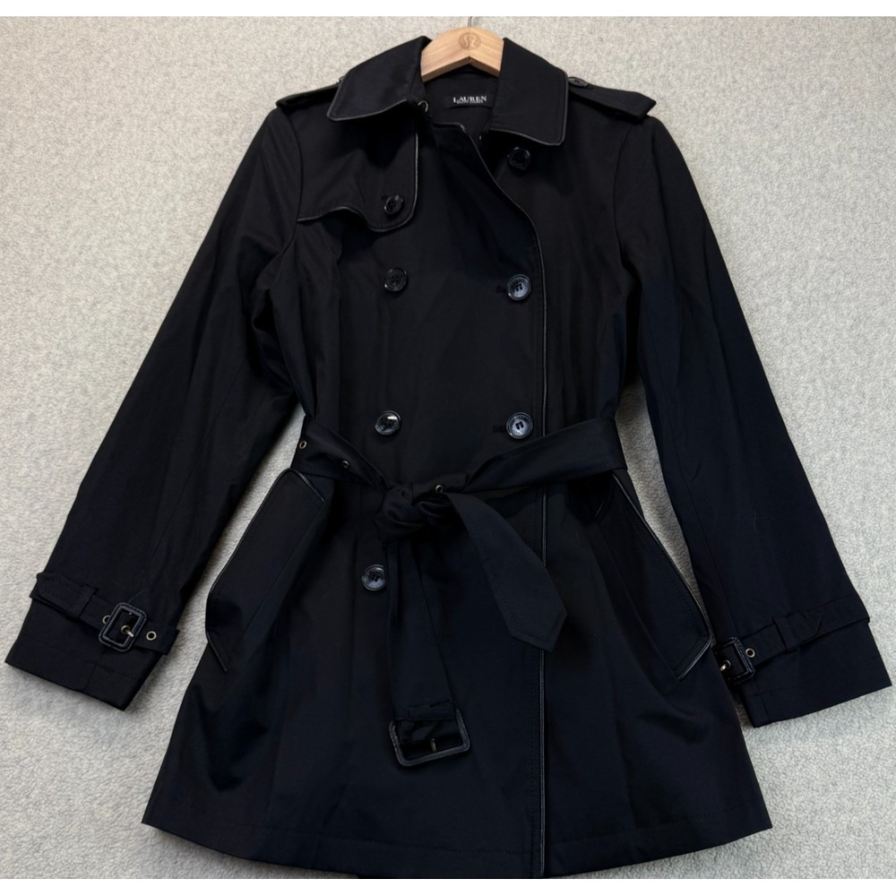 Lauren Ralph Lauren Womens Double-Breasted Belt Trench Coat Black Cotton-Blend M